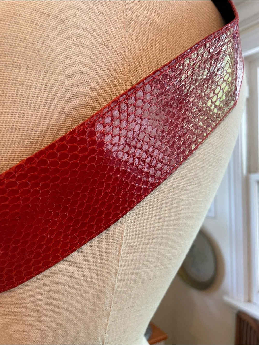 Vintage Red Textured Wide Waist Belt with Covered Buckle